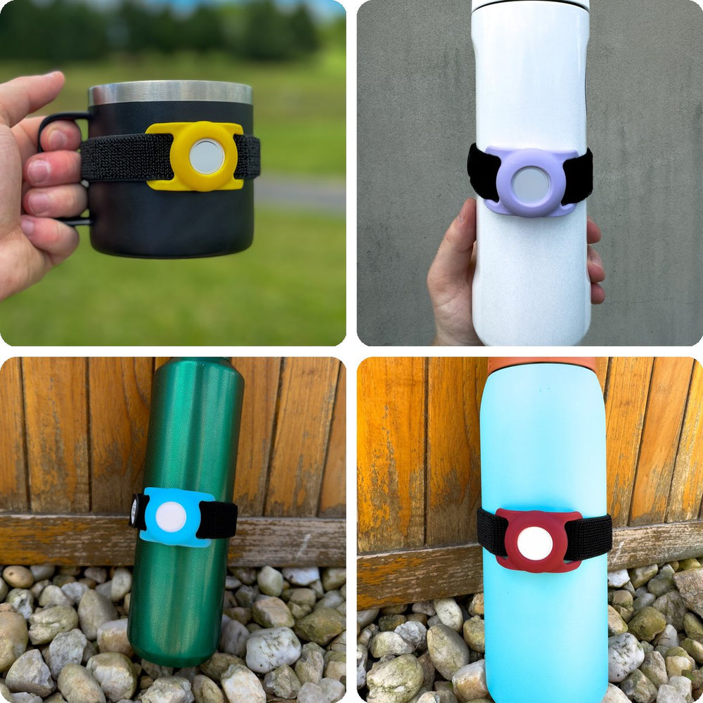 Bottle Beacon on a camp mug, a sport bottle, a steel bottle and a big insulated bottle