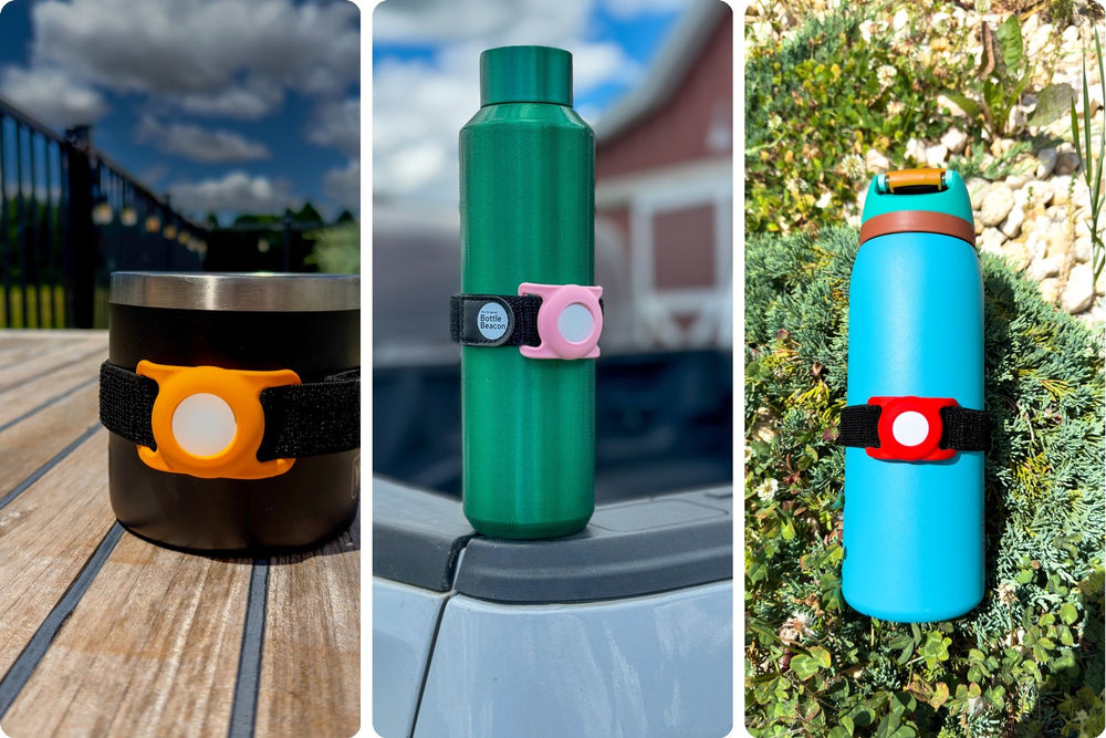 Bottle Beacon on a mug on a deck, a steel bottle on a truck and a sport bottle outside